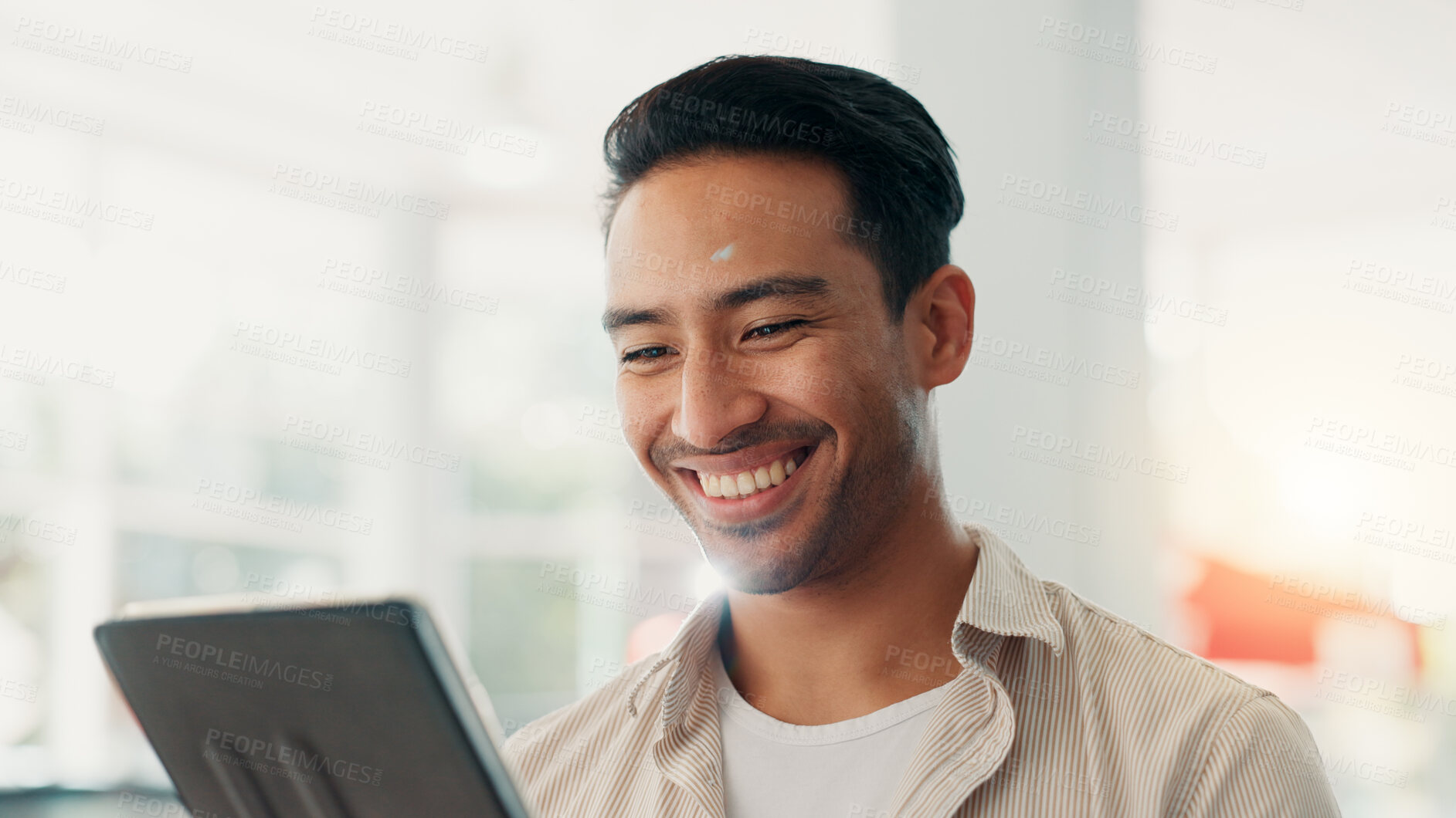 Buy stock photo Happy, relax or man in mall with tablet for for reading good news, online discount or connection. Smile, check and Asian male person with technology for internet browsing, research or entertainment  