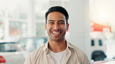 Buy stock photo Buyer, face and happy man in dealership with confidence, smile or investment in car insurance. Shopping, portrait and person in showroom for vehicle finance, customer satisfaction and motor sales