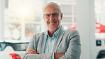 Businessman, portrait and smile with confidence for dealership, pride and customer service for car rental. Showroom, mature person and seller with arms crossed for assistance, vehicle shop and happy