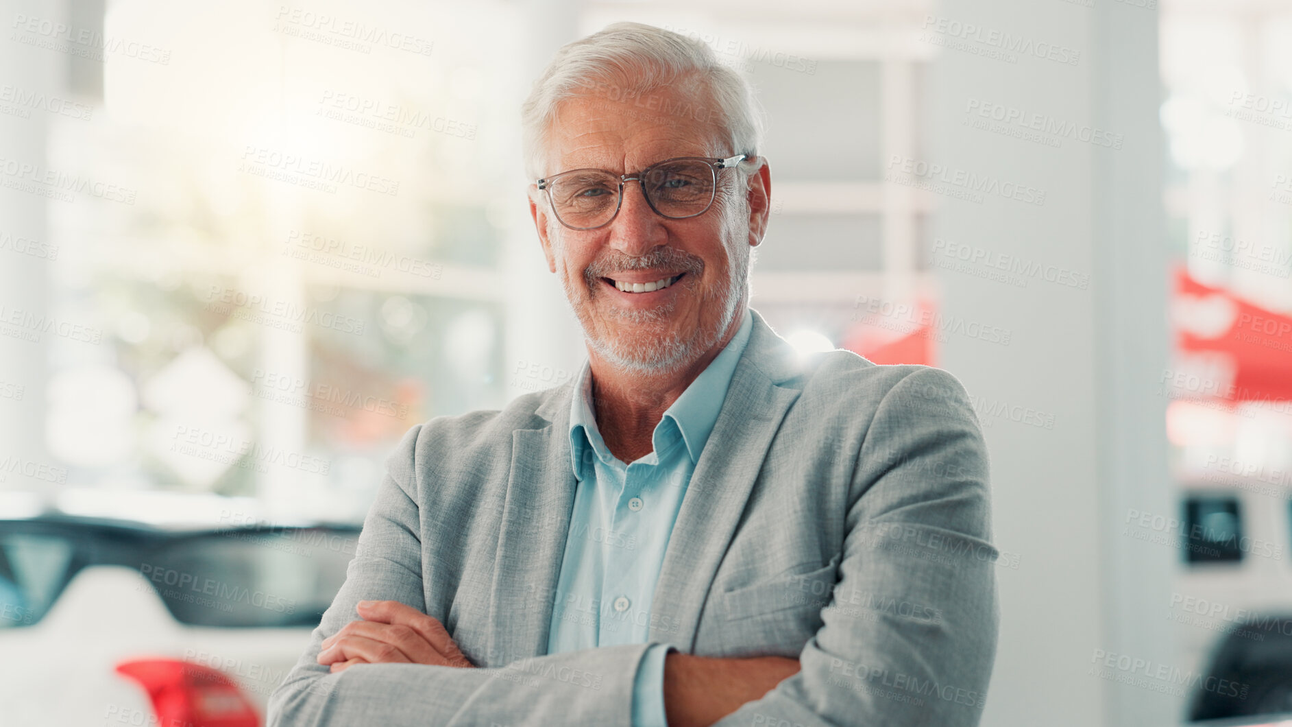 Buy stock photo Businessman, portrait and smile with confidence for dealership, pride and customer service for car rental. Showroom, mature person and seller with arms crossed for assistance, vehicle shop and happy