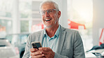 Businessman, happy and online with phone for dealership, thinking and website for car rental service. Showroom, mature person and seller with mobile for inventory information, vehicle shop and laugh
