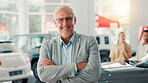 Businessman, portrait and smile with arms crossed for dealership, pride and customer service for car rental. Showroom, mature person and seller with confidence for assistance, vehicle shop and happy