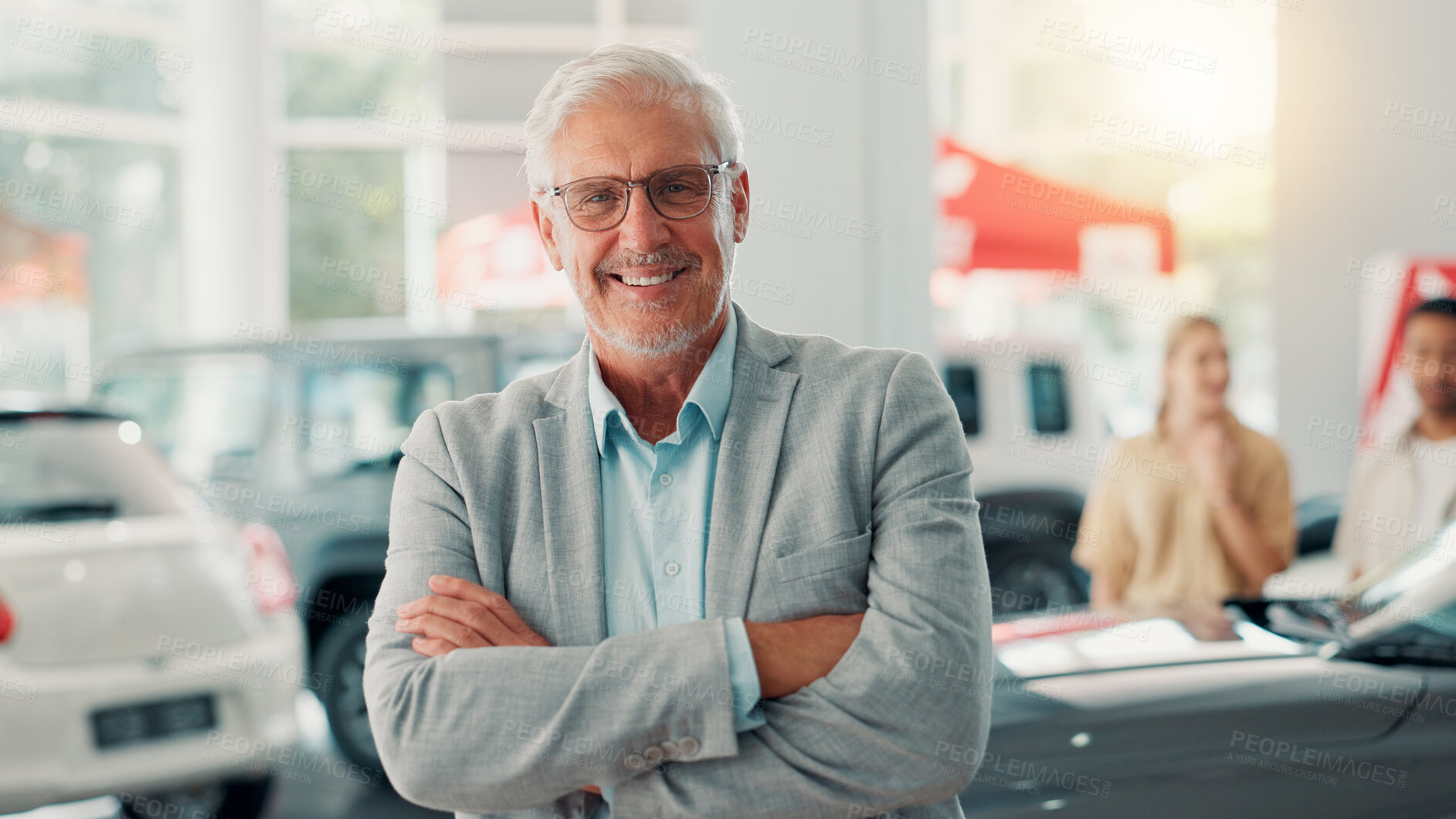 Buy stock photo Businessman, portrait and smile with arms crossed for dealership, pride and customer service for car rental. Showroom, mature person and seller with confidence for assistance, vehicle shop and happy