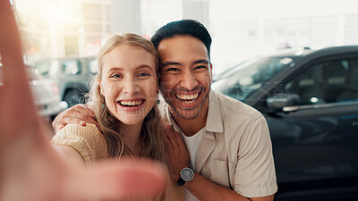 Buy stock photo Couple, excited or portrait with selfie in car dealership, celebration or picture POV of new motor. Showroom, man or woman with hug for vehicle purchase, auto transport or photograph for social media