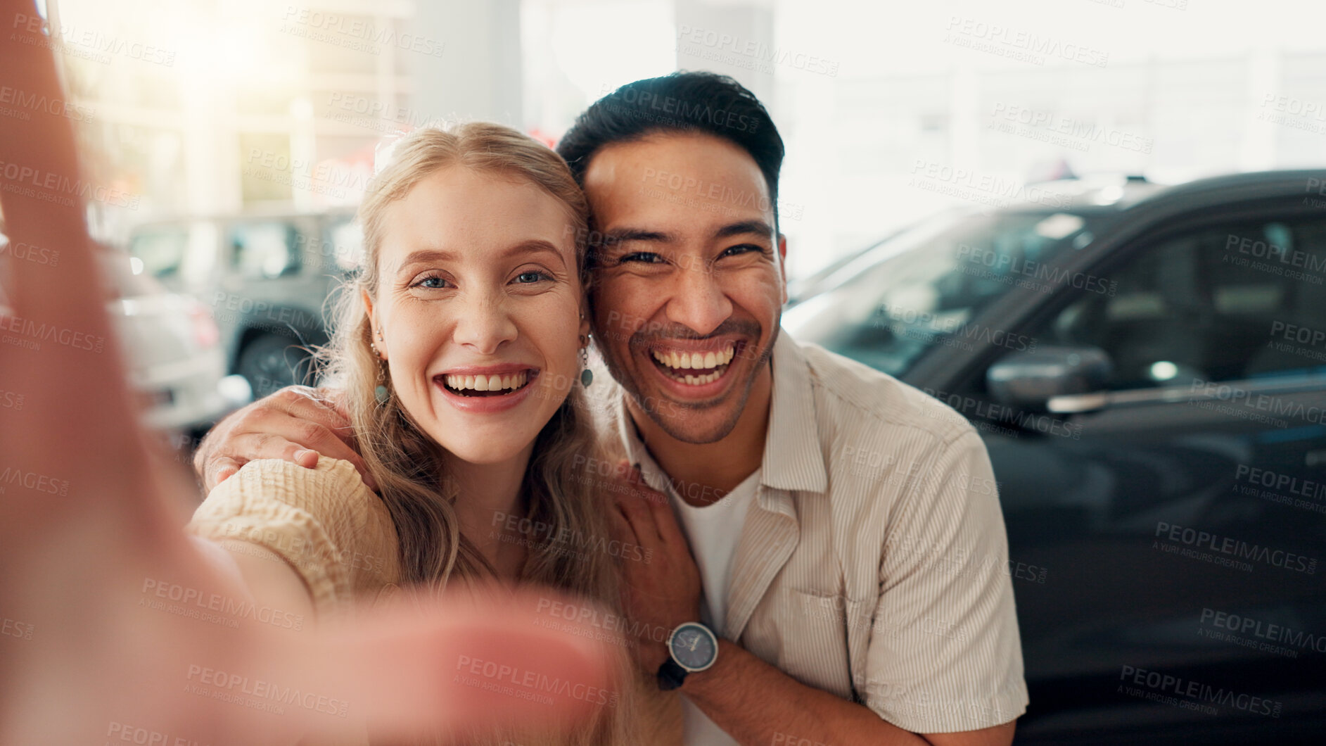 Buy stock photo Couple, excited or portrait with selfie in car dealership, celebration or picture POV of new motor. Showroom, man or woman with hug for vehicle purchase, auto transport or photograph for social media