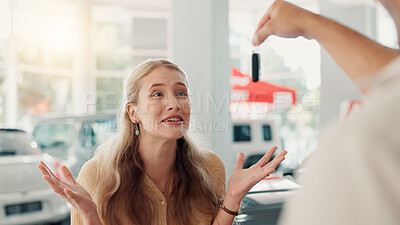 Buy stock photo New car, excited woman or salesman with keys at dealership for purchase success, transport hire or buyer. Wow, give and shocked customer with smile for automobile collection, loan or rental agreement