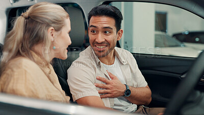 Buy stock photo Conversation, dealership and couple in new car for purchase on transport with test drive of vehicle. Smile, evaluation and people with decision on automotive shopping with positive choice together.