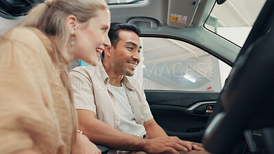 Buy stock photo Happy, dealership and couple in new car for purchase on transport with test drive of vehicle. Smile, evaluation and man with woman for decision on automotive shopping with positive choice together.
