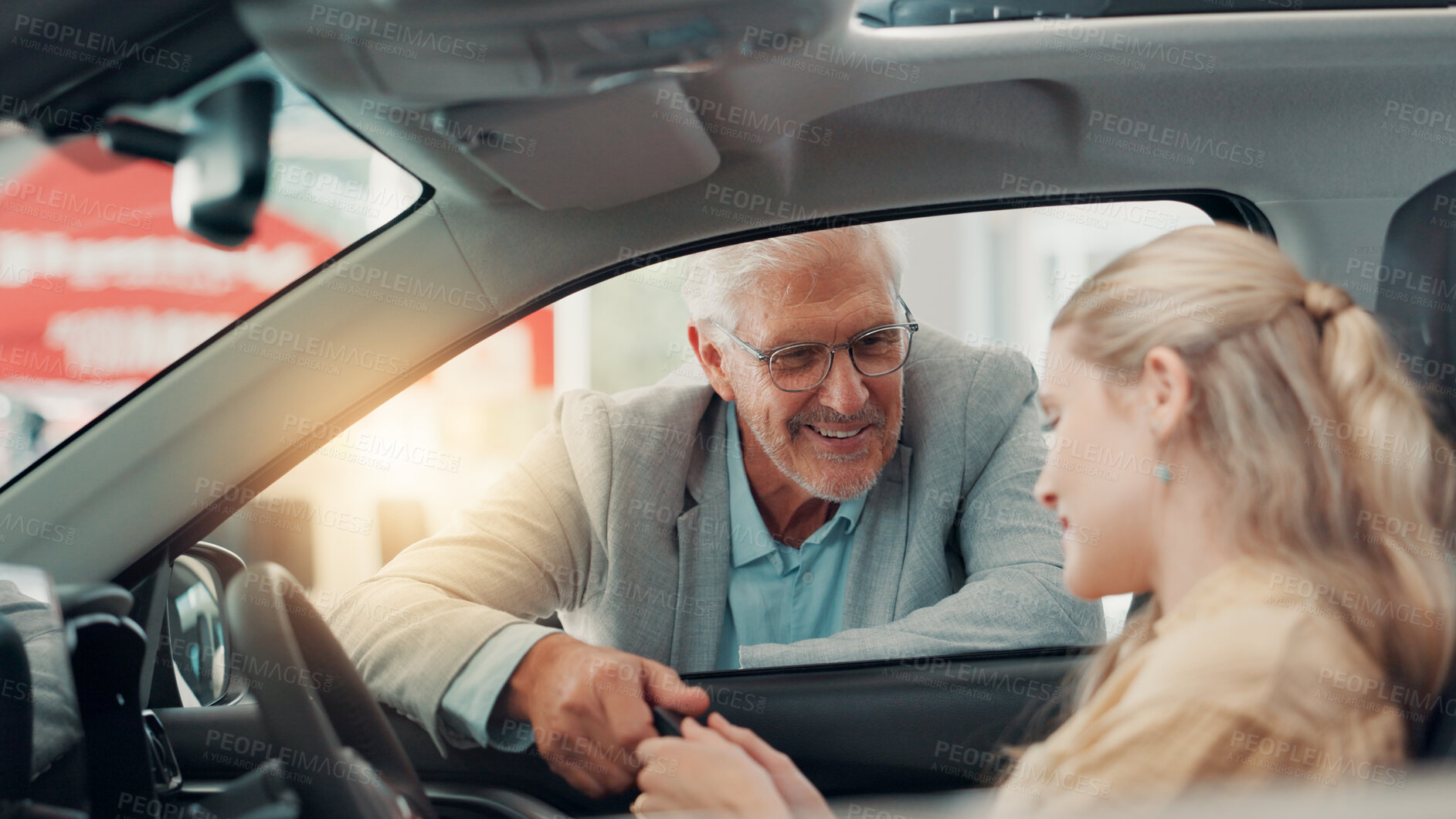 Buy stock photo New car, woman or mature salesman with keys at dealership for purchase success, transport hire or buyer. Happy, give and female customer with smile for automobile collection, loan or rental agreement