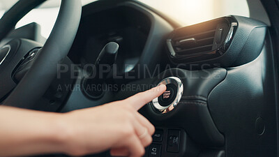 Buy stock photo Hand, press button and start car for travel, journey and test drive with keyless tech. Electric ignition, person and push switch for engine power, transport innovation or stop motor vehicle closeup