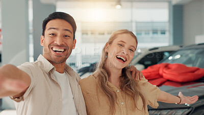 Buy stock photo Car dealership, couple and excited in portrait for selfie, celebration and picture of new motor. Showroom, man and woman with POV for vehicle purchase, auto transport and photography for social media