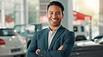 Businessman, portrait and laugh with confidence for car dealership, customer service and transport for rental. Showroom, male person and seller with arms crossed for assistance, vehicle shop or smile