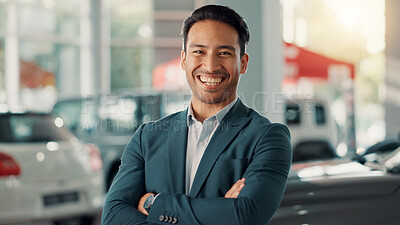 Buy stock photo Businessman, portrait and laugh with confidence for car dealership, customer service and transport for rental. Showroom, male person and seller with arms crossed for assistance, vehicle shop or smile