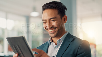 Buy stock photo Office, businessman and smile with tablet for scroll, investment update and accountant with digital. Workplace, male person and financial analyst with technology for finance email, report and happy