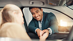 New car, woman or happy salesman with keys at dealership for purchase success, transport hire or buyer. Bokeh, give and female customer with smile for automobile collection, loan or rental agreement