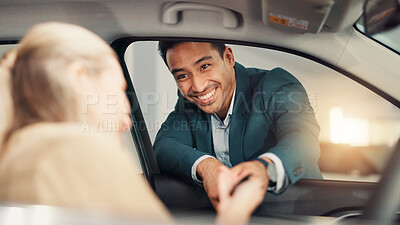 Buy stock photo New car, woman or happy salesman with keys at dealership for purchase success, transport hire or buyer. Agent, give and female customer with smile for automobile collection, loan or rental agreement