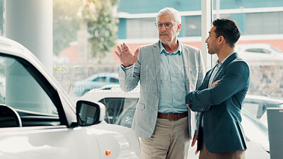 Buy stock photo Car dealership, report or salesman with customer talking for vehicle history, details or features. Transport, people or seller with client in showroom for negotiation, travel or decision for purchase