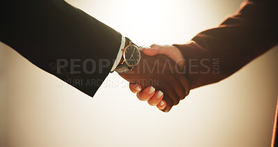 Buy stock photo Handshake, partnership and welcome with business people in studio for agreement or B2B deal. Contract, meeting and thank you with corporate employee team shaking hands for greeting on wall background