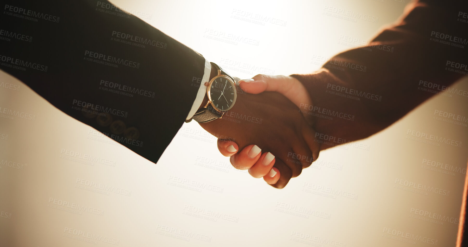 Buy stock photo Handshake, partnership and welcome with business people in studio for agreement or B2B deal. Contract, meeting and thank you with corporate employee team shaking hands for greeting on wall background