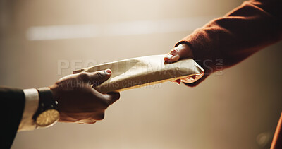 Buy stock photo Hands, envelope and bribe in office for corruption, deal and anxiety for money laundering scam at corporate company. Business people, partnership and meeting for cash, secret and payment at agency