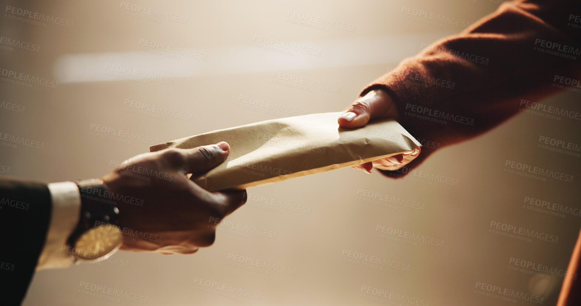 Buy stock photo Hands, envelope and bribe in office for corruption, deal and anxiety for money laundering scam at corporate company. Business people, partnership and meeting for cash, secret and payment at agency