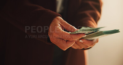 Buy stock photo Hands, cash and counting in office for corruption, payment and crime for money laundering scam at corporate company. Person, worry and fraud with bribe, illegal profit and secret deal at agency