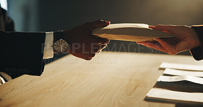 Buy stock photo Hands, envelope and payment in office for corruption, deal and secret bribe with money laundering scam at company. Business people, partner and meeting for cash, fraud or exchange at corporate agency