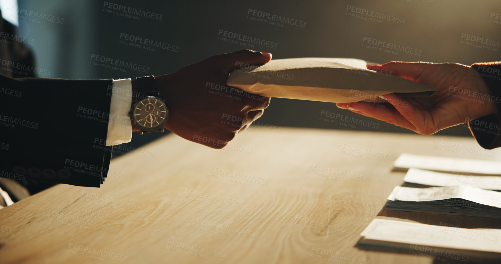 Buy stock photo Hands, envelope and payment in office for corruption, deal and secret bribe with money laundering scam at company. Business people, partner and meeting for cash, fraud or exchange at corporate agency