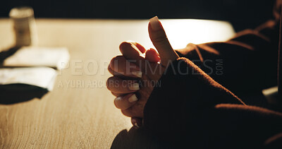 Buy stock photo Hands, cash and stress in office for corruption, deal and anxiety for money laundering scam at corporate company. Person, worry and fidget with fraud, bribe and decision for secret payment at agency