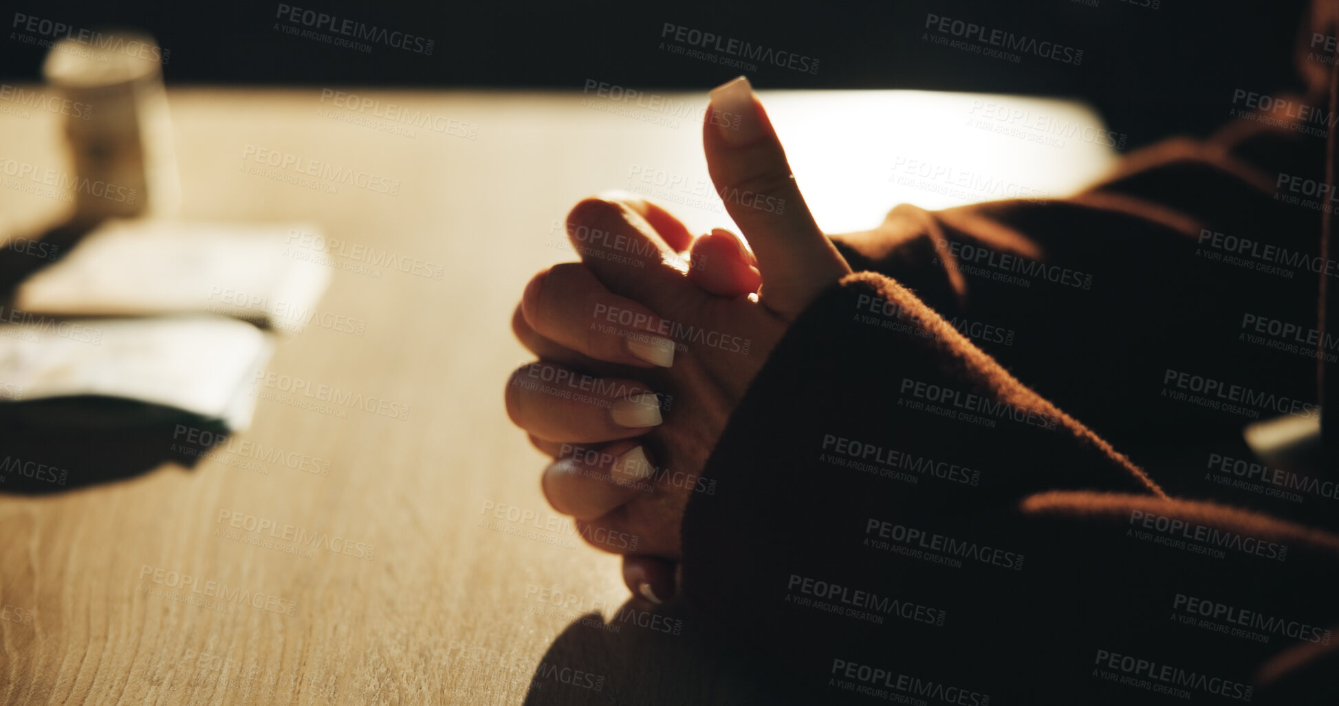 Buy stock photo Hands, cash and stress in office for corruption, deal and anxiety for money laundering scam at corporate company. Person, worry and fidget with fraud, bribe and decision for secret payment at agency