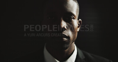 Buy stock photo Spy, space or black man in portrait on dark background in secret mission, mystery and hidden identity. Suit, studio mockup or hitman with tie, assassin style or classic fashion for crime syndicate