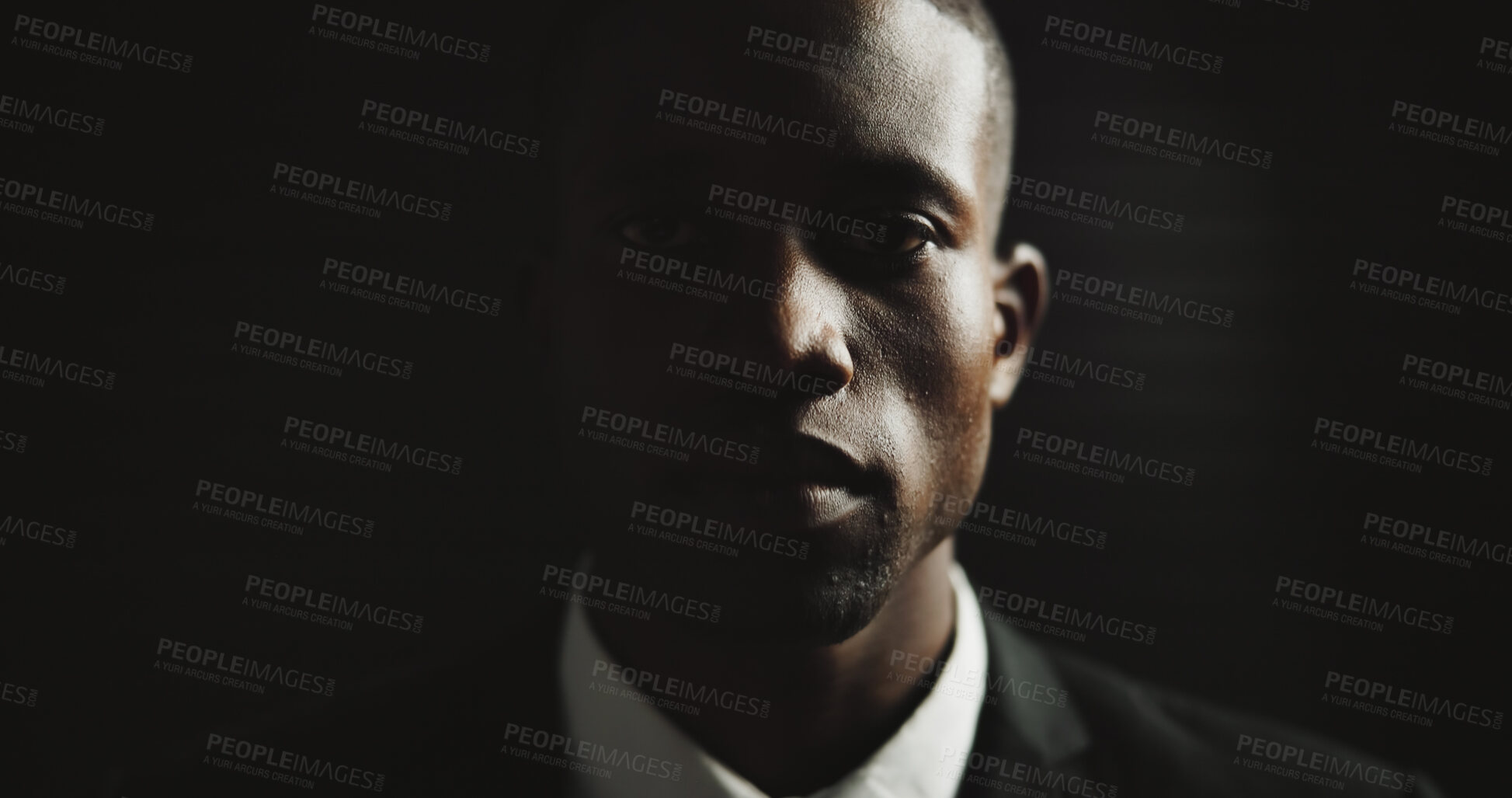 Buy stock photo Spy, space or black man in portrait on dark background in secret mission, mystery and hidden identity. Suit, studio mockup or hitman with tie, assassin style or classic fashion for crime syndicate
