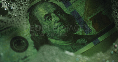 Buy stock photo Money laundering, water and soap for crime, fraud or closeup for secret transaction in illegal business. Cash, dollar bills and corruption with bank notes in liquid, foam or financial scam for profit