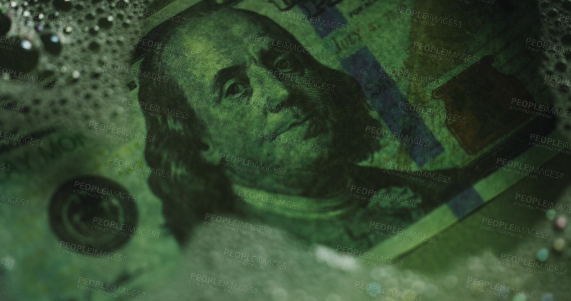 Buy stock photo Money laundering, water and soap for crime, fraud or closeup for secret transaction in illegal business. Cash, dollar bills and corruption with bank notes in liquid, foam or financial scam for profit