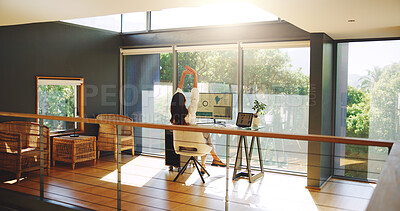Buy stock photo Computer screen, market research and stretching with woman in home office for remote work. Back, infographic and window with freelance employee in apartment for data, information or statistics