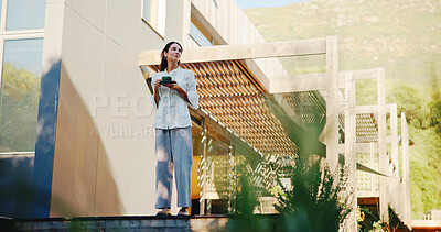Buy stock photo Break, coffee and thinking with woman on veranda of home for future, planning or vision. Idea, morning and patio with freelance employee drinking caffeine beverage outdoor in backyard for remote work