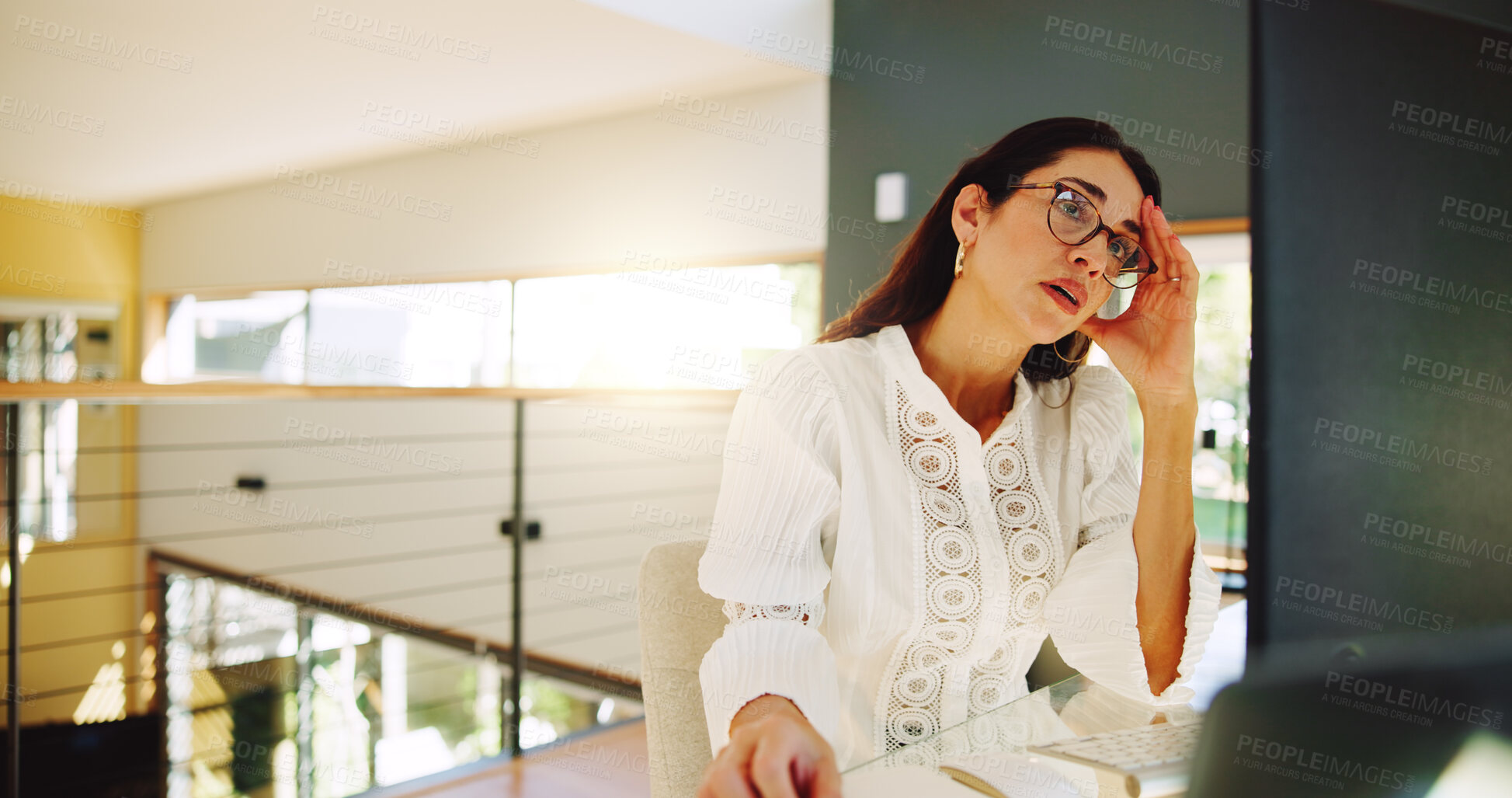 Buy stock photo Remote work, woman and computer in home with headache, internet error and frustrated with mistake. Mature entrepreneur, glasses and reading at tech for problem solving, tension and business challenge