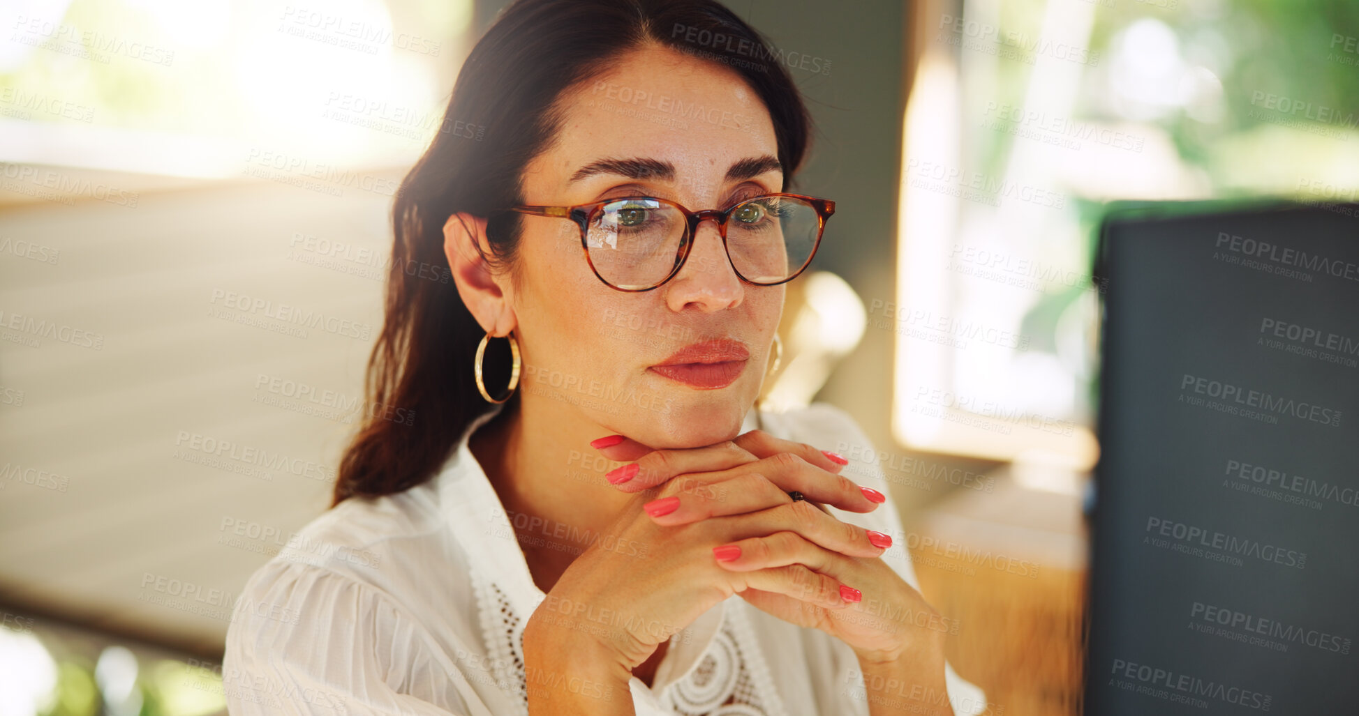 Buy stock photo Thinking, computer and businesswoman in office reading for creative project approval with publishing. Journalism, technology and female magazine editor with online feedback for article in workplace.
