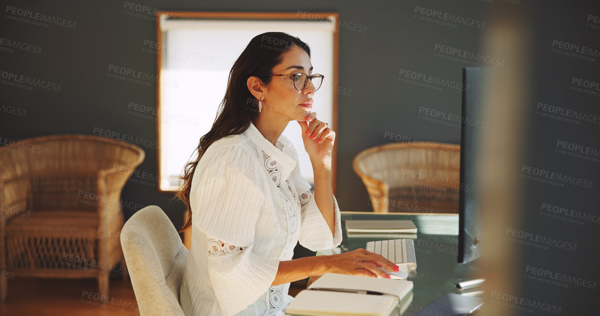 Buy stock photo Thinking, computer and businesswoman in office with research for creative project with publishing. Notebook, technology and female magazine editor reading online feedback for article in workplace.