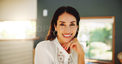 Buy stock photo Portrait, hybrid work and happy woman in home office with confidence for career experience as author. Face, freelancer and business person in house for startup, ambition and creative writer in USA