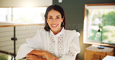 Buy stock photo Portrait, remote work and happy woman in home office with confidence for career experience as author. Smile, freelancer and business person in house for startup, ambition and creative writer in USA