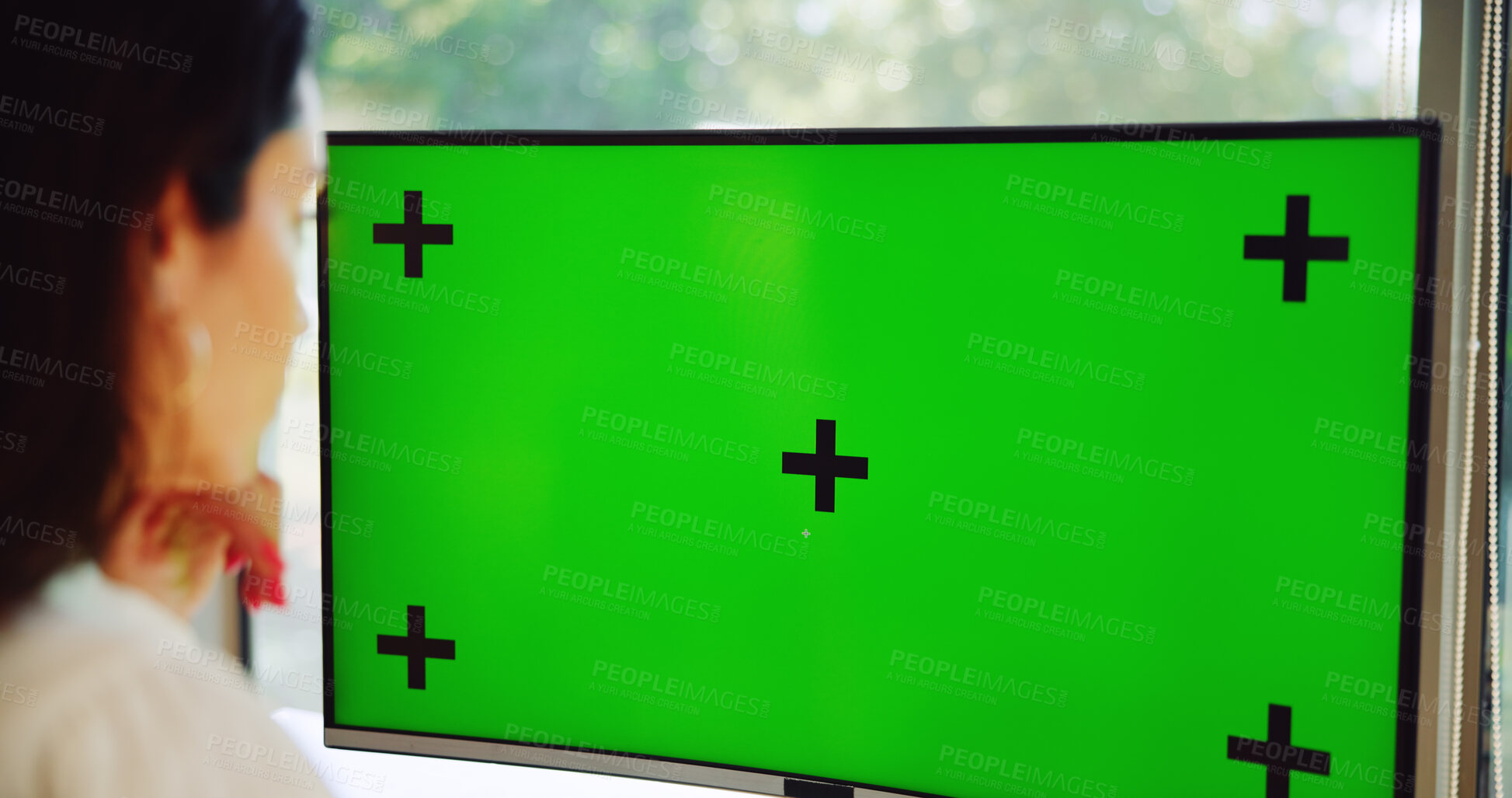 Buy stock photo Computer, green screen and businesswoman in office for research with stock market information. Technology, tracking markers and female financial analyst with finance report analysis in workplace.