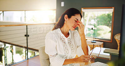 Buy stock photo Remote work, woman and glasses in home with headache, frustrated or eye strain at computer. Mature entrepreneur, tension migraine or specs at desk with incorrect lens with over exposure to blue light