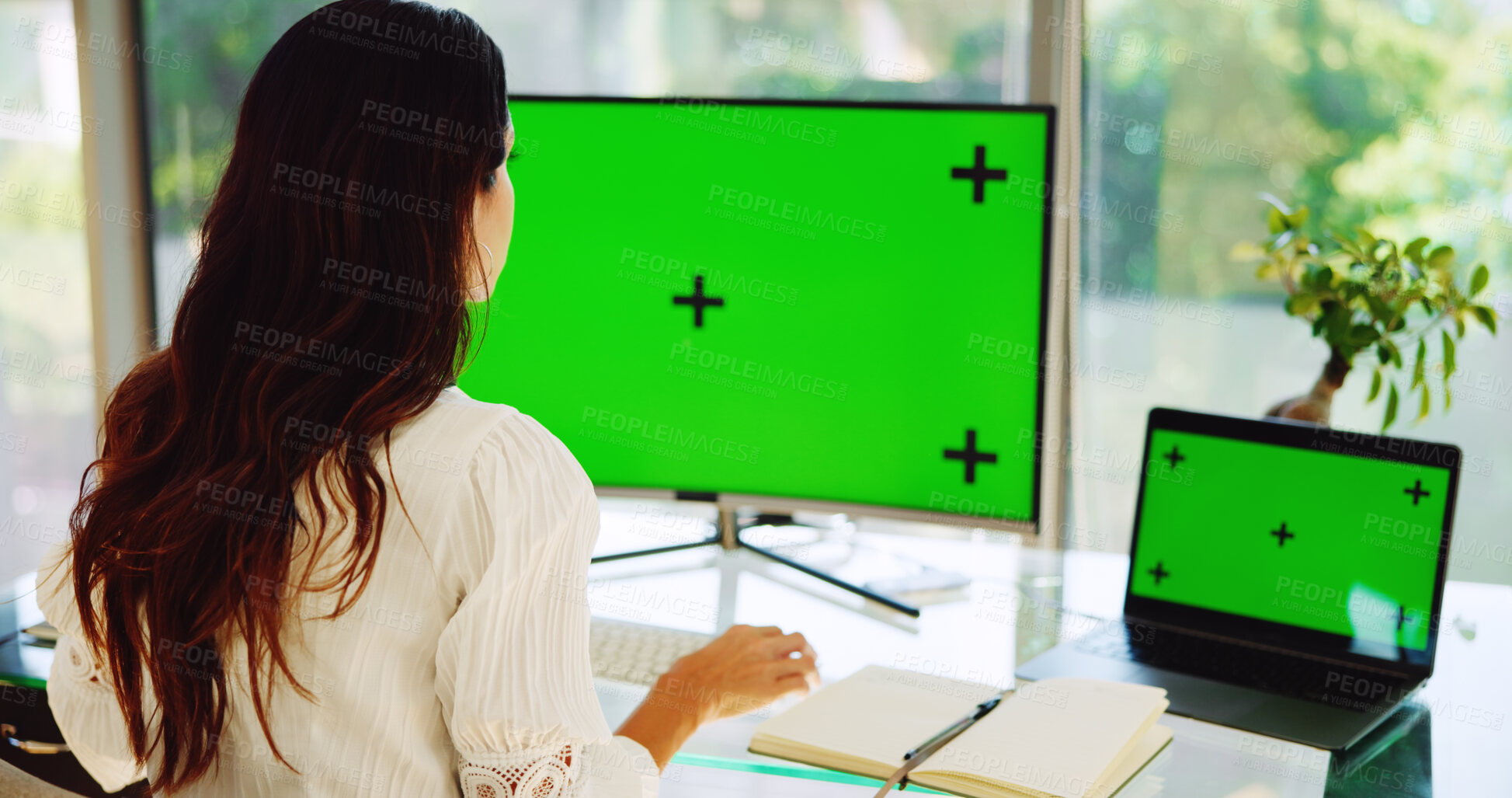 Buy stock photo Computer, green screen and businesswoman with laptop in office for research with stock market information. Tech, tracking markers and financial analyst back with finance report analysis in workplace