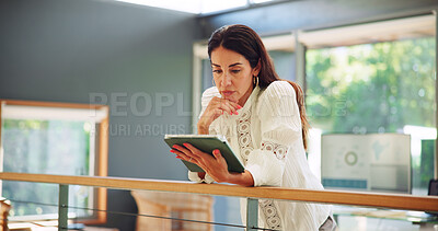 Buy stock photo Tablet, thinking and businesswoman in office with research for planning wedding with online vendors. Digital technology, email and female event coordinator with feedback from client in workplace.