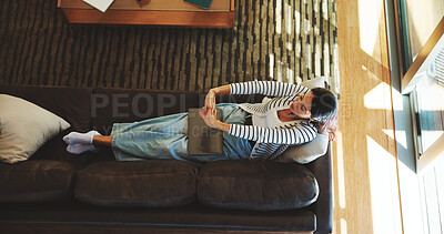 Buy stock photo Woman, done and stretching on sofa with laptop, relax and stress free for remote work. Above, entrepreneur or tech in home living room with time management, completed task and resting with comfort