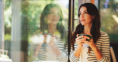 Buy stock photo Mature woman, tea cup and thinking by window for nostalgia, memory and insight in home. Modern house, coffee and person drinking beverage to relax on break in living room to remember with reflection