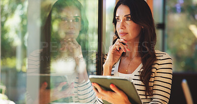 Buy stock photo Remote work, tablet and thinking with woman at window in living room of apartment for idea or research. App, problem solving and vision with mature freelance employee in home office for planning