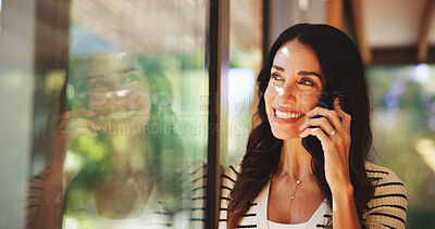 Buy stock photo Home, phone call and woman with smile, window and conversation with network in living room. Apartment, mobile user or mature person with smartphone, communication and digital app with view or contact
