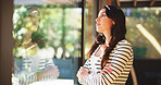 Home, thinking and woman by window with arms crossed, serious decision or daydreaming. Self reflection, deep thoughts and pensive person in house with mindset, vision and remember memory with view